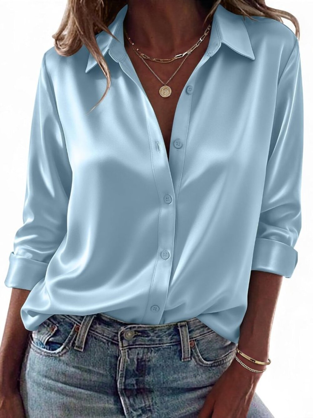 Womens Tops Long Sleeve Satin Silk Button Down Shirts Dressy Blouses